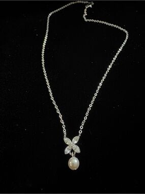 Sterling Silver Pearl Drop Necklace with Marquise Crystal Accent - White